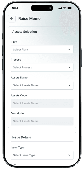 MTS raise memo screen for logging electrical, mechanical, and hydraulic maintenance requests with priority assignment