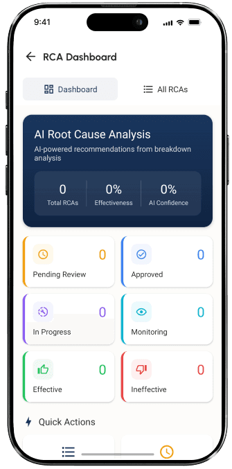 Root cause analysis dashboard with visual breakdown charts identifying recurring failure patterns