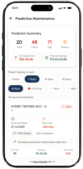 AI predictive maintenance screen showing 48-hour failure forecasts with confidence scoring