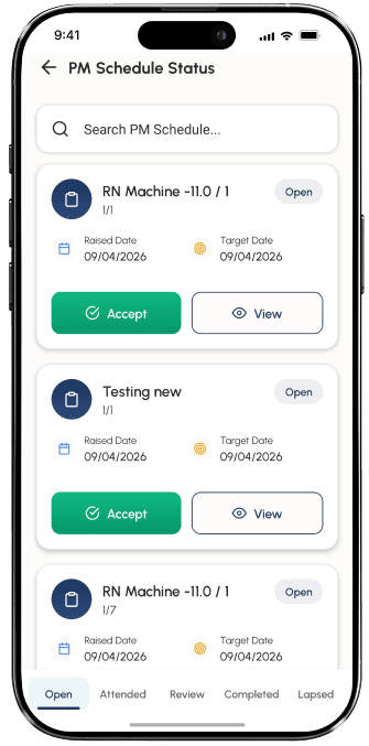 Preventive maintenance calendar showing scheduled PM tasks, completion rates, and date-range filtering
