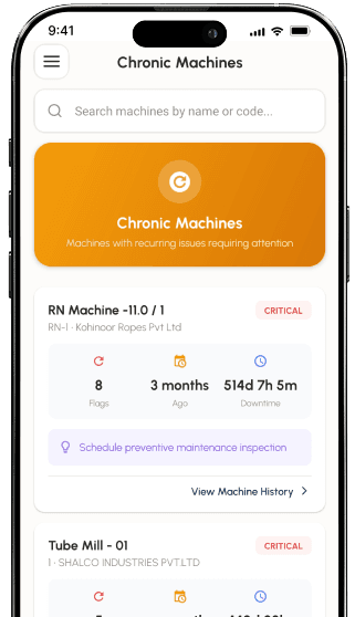 MTS smart alerts feature displaying real-time notifications for low stock, breakdowns, and chronic machine issues