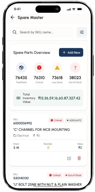 Spare parts inventory management screen with real-time stock tracking and automatic low-stock alerts