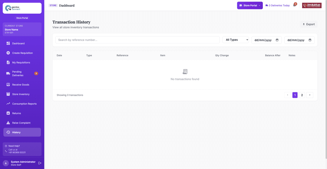 Store Portal — Transaction History